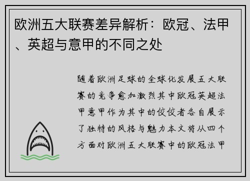 欧洲五大联赛差异解析：欧冠、法甲、英超与意甲的不同之处