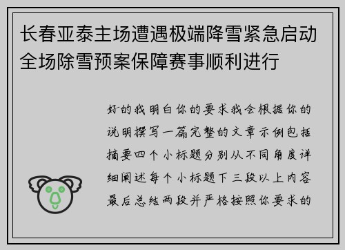长春亚泰主场遭遇极端降雪紧急启动全场除雪预案保障赛事顺利进行